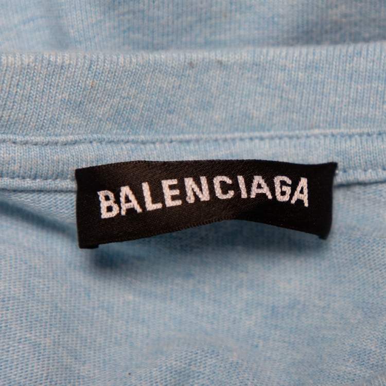 Pre Owned Balenciaga Blue Cotton Crewneck Logo Print T-Shirt M