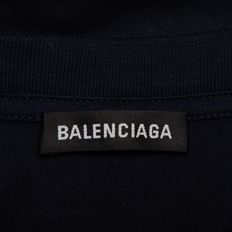 Pre Owned Balenciaga Navy Blue Cotton Crewneck Logo Embroidered T-Shirt S