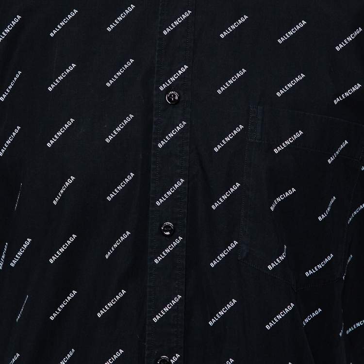 Pre Owned Balenciaga Black Cotton All Over Logo Printed Oversized Shirt L
