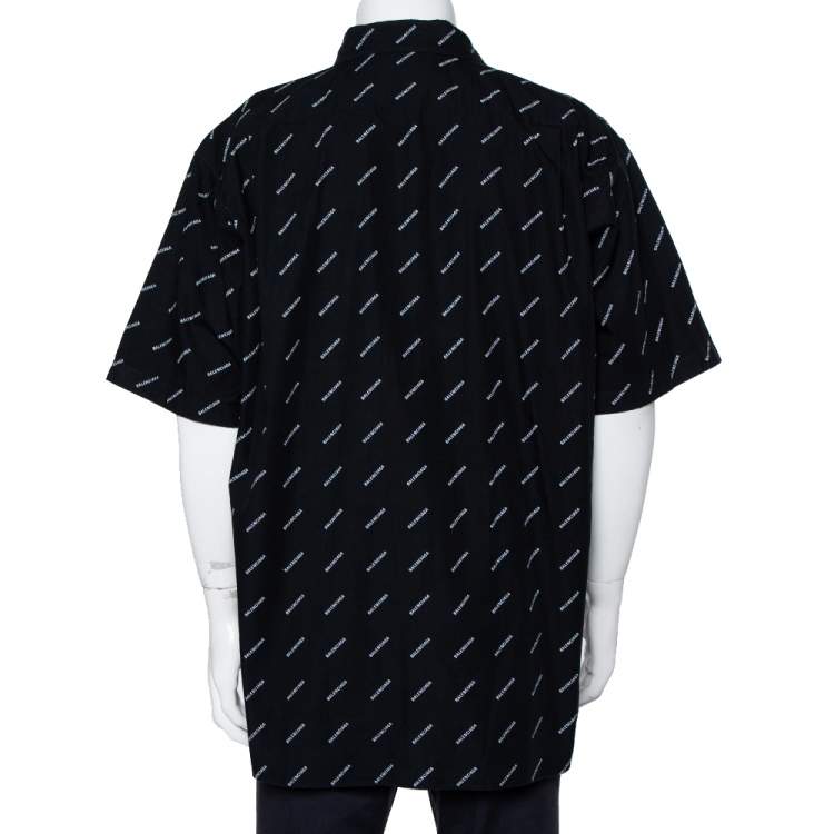 Pre Owned Balenciaga Black Cotton All Over Logo Printed Oversized Shirt L