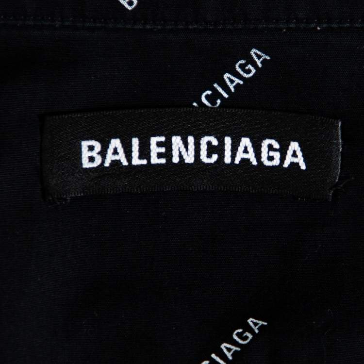 Pre Owned Balenciaga Black Cotton All Over Logo Printed Oversized Shirt L