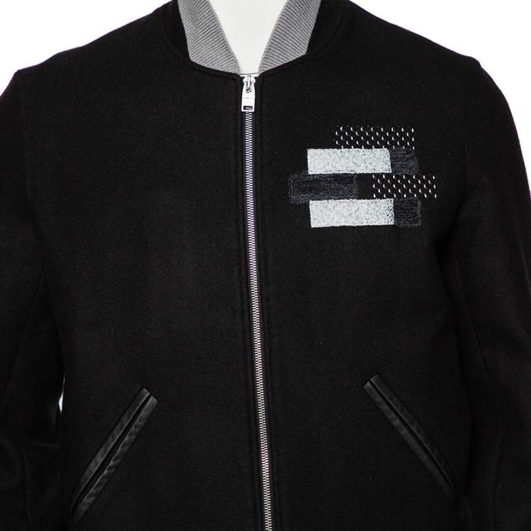 Pre Owned Balenciaga Black Stretch Wool Applique Detail Bomber Jacket L