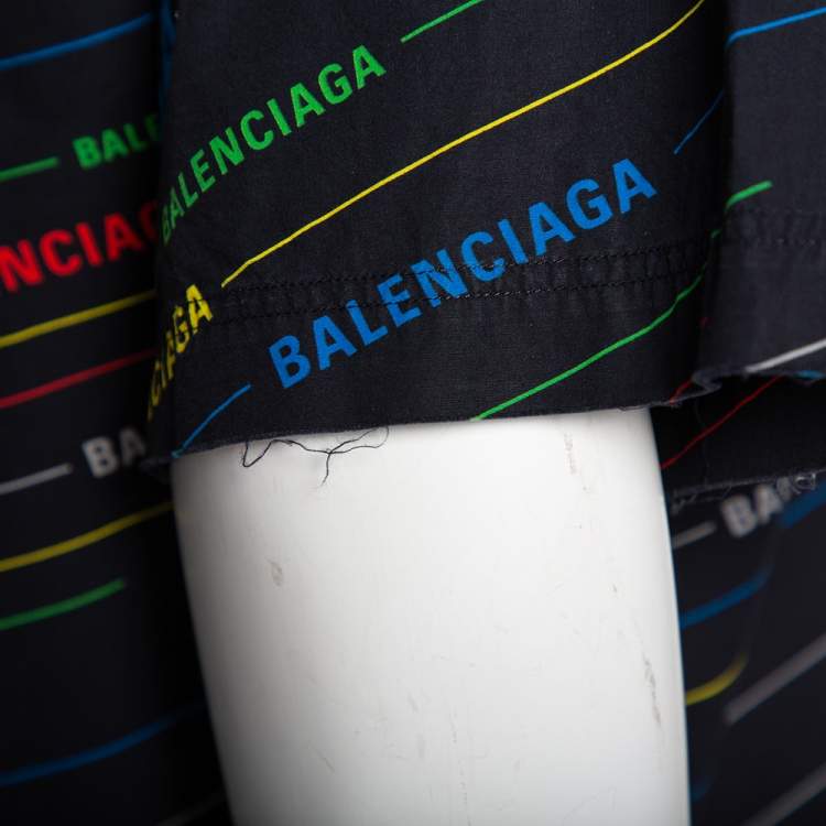 Pre Owned Balenciaga Navy Blue Allover Logo Printed Cotton Frayed Short Sleeve Shirt L