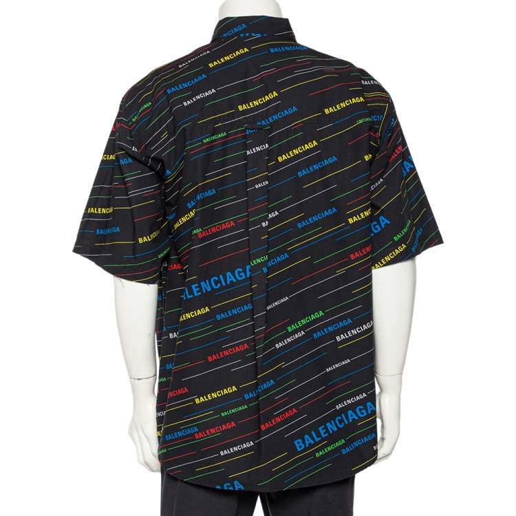 Pre Owned Balenciaga Navy Blue Allover Logo Printed Cotton Frayed Short Sleeve Shirt L