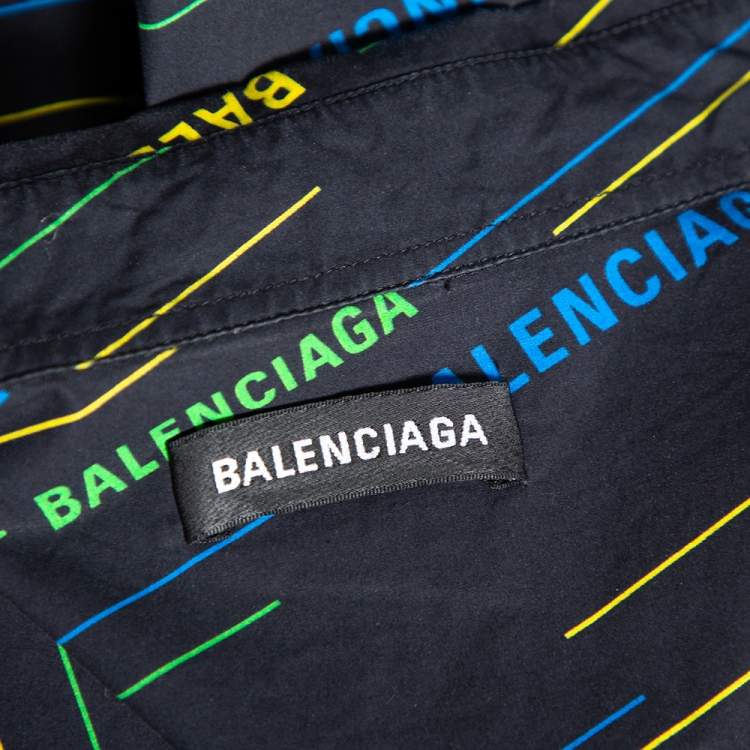 Pre Owned Balenciaga Navy Blue Allover Logo Printed Cotton Frayed Short Sleeve Shirt L