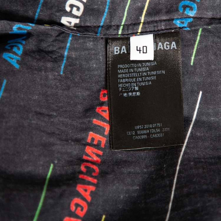 Pre Owned Balenciaga Navy Blue Allover Logo Printed Cotton Frayed Short Sleeve Shirt L