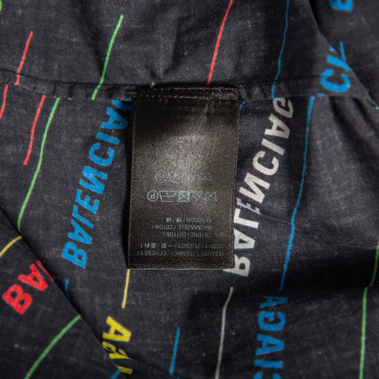 Pre Owned Balenciaga Navy Blue Allover Logo Printed Cotton Frayed Short Sleeve Shirt L