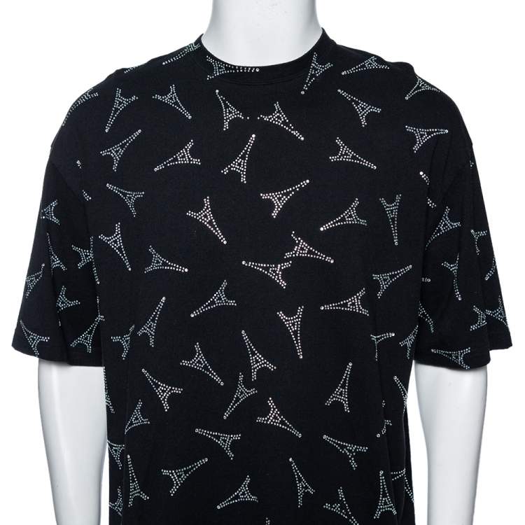 Pre Owned Balenciaga Black Cotton Eiffel Tower Embellished T-Shirt L