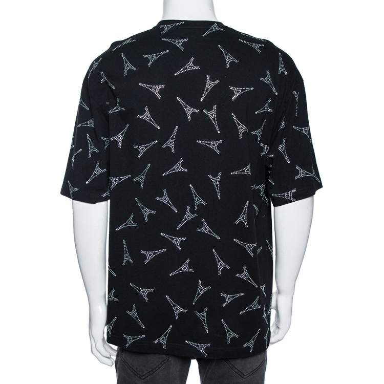 Pre Owned Balenciaga Black Cotton Eiffel Tower Embellished T-Shirt L