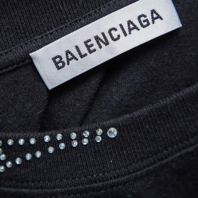 Pre Owned Balenciaga Black Cotton Eiffel Tower Embellished T-Shirt L