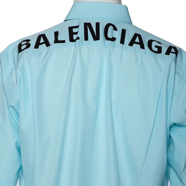 Pre Owned Balenciaga Light Blue Cotton Logo Print Detailed Short Sleeve Oversized Shirt S
