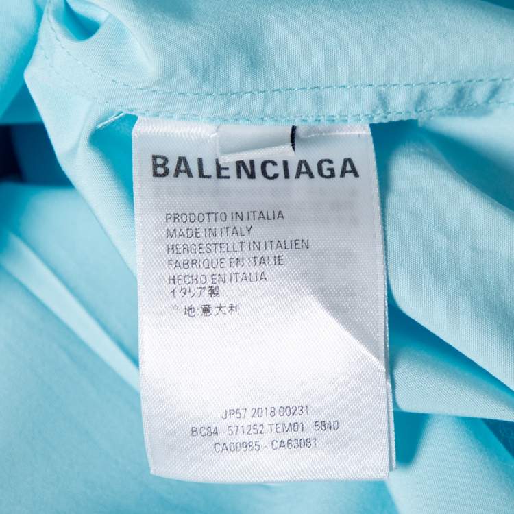 Pre Owned Balenciaga Light Blue Cotton Logo Print Detailed Short Sleeve Oversized Shirt S