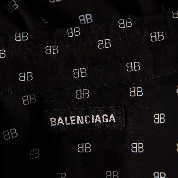 Pre Owned Balenciaga Black Monogram Printed Cotton Button Front Shirt M