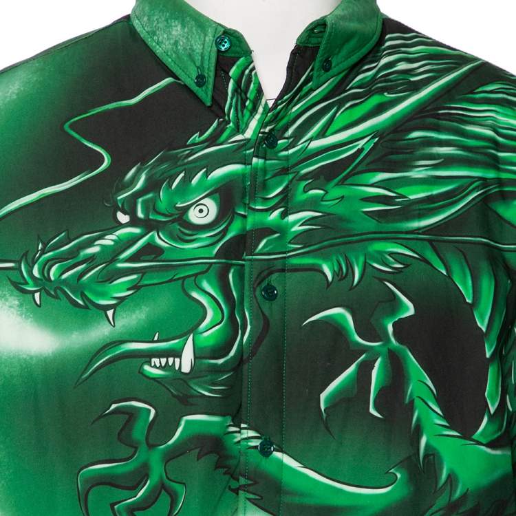 Pre Owned Balenciaga Green Bal Dragon Printed Cotton Padded Oversized Shirt S
