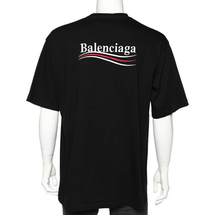 Pre Owned Balenciaga Black Cotton Logo Embroidered Crewneck Oversized T-Shirt M