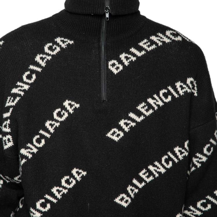 مملوكة مسبقًا Balenciaga Black Allover Logo Wool & Camel Knit Oversized Sweater L