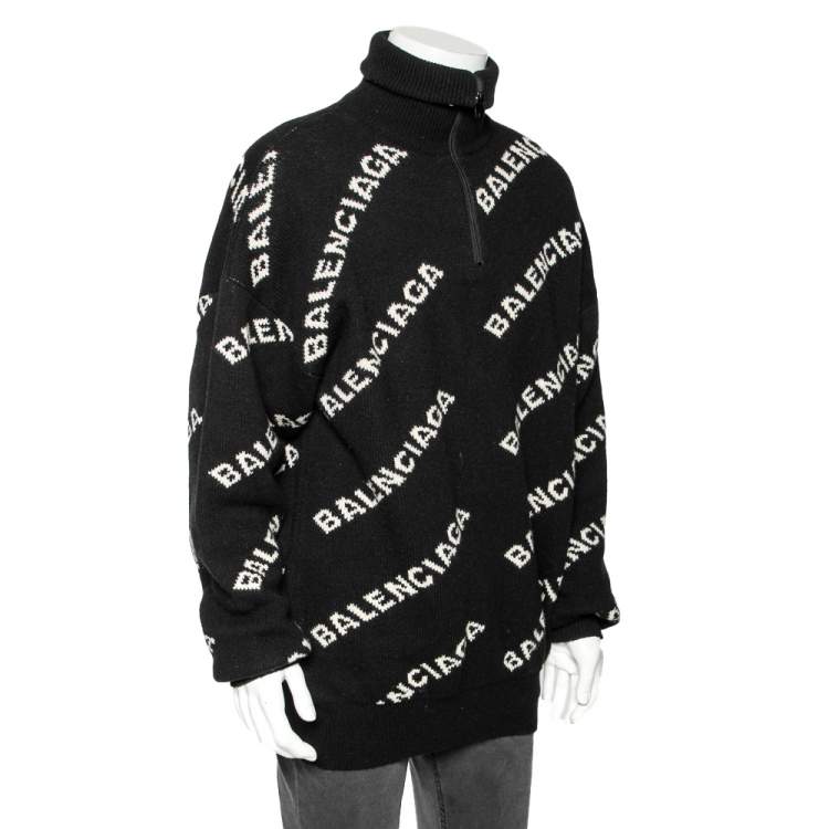 مملوكة مسبقًا Balenciaga Black Allover Logo Wool & Camel Knit Oversized Sweater L