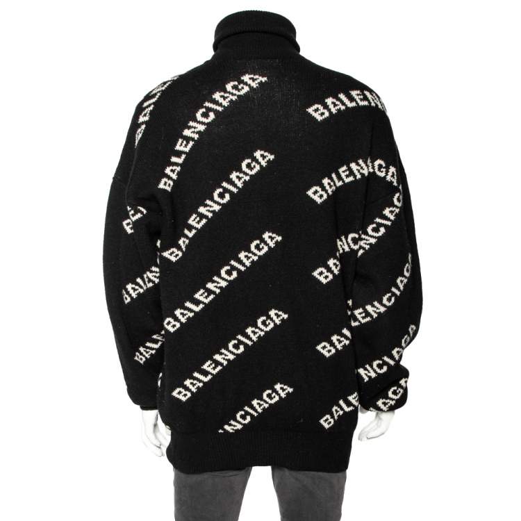 مملوكة مسبقًا Balenciaga Black Allover Logo Wool & Camel Knit Oversized Sweater L