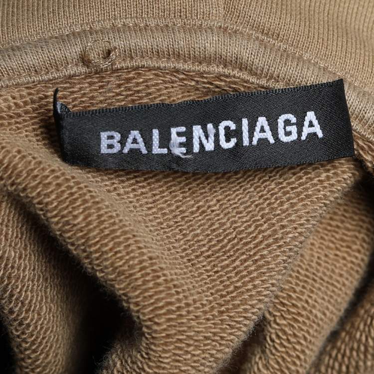 Pre Owned Balenciaga Light Brown Logo Printed Cotton Knit Hoodie L
