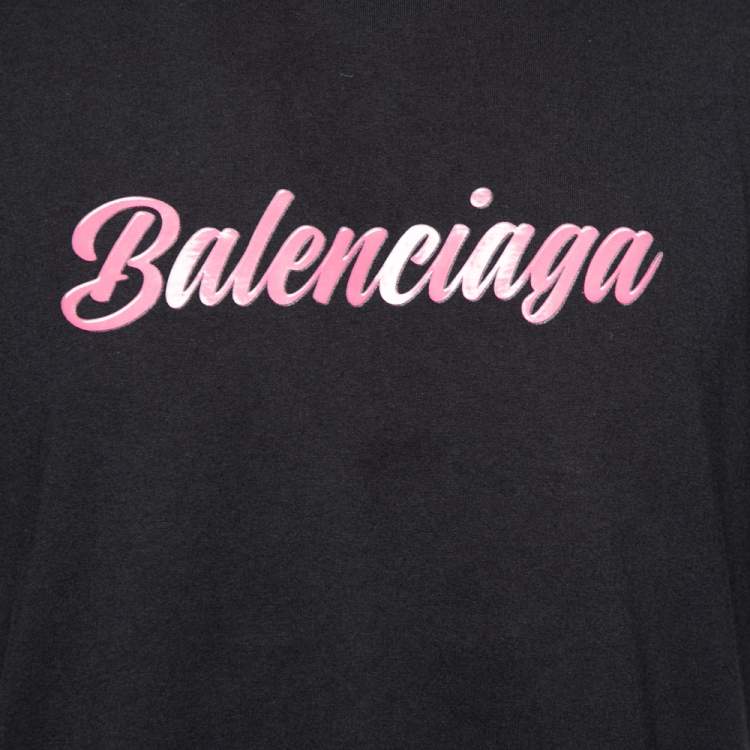 Pre Owned Balenciaga Black Cotton Logo Printed Crew Neck T-shirt L