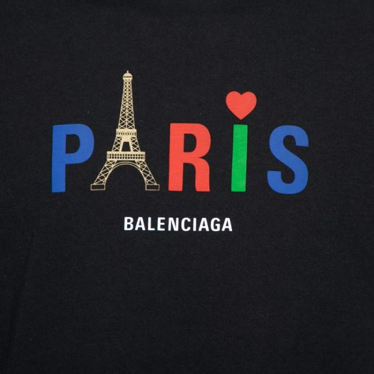 Pre Owned Balenciaga Black Paris Eiffel Tower Printed Cotton Oversized Crew Neck T-Shirt M