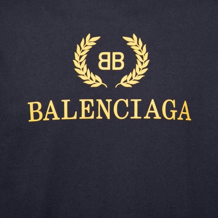 Pre Owned Balenciaga Navy Blue Logo Printed Crew Neck Short Sleeve T-Shirt M