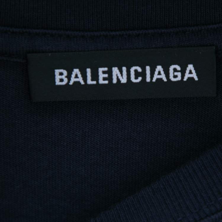 Pre Owned Balenciaga Navy Blue Logo Printed Crew Neck Short Sleeve T-Shirt M