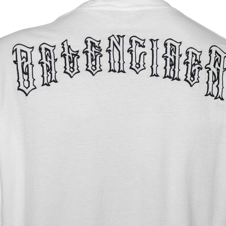 Balenciaga White Cotton Tattoo Style Logo Embroidered Crew Neck T-Shirt ...