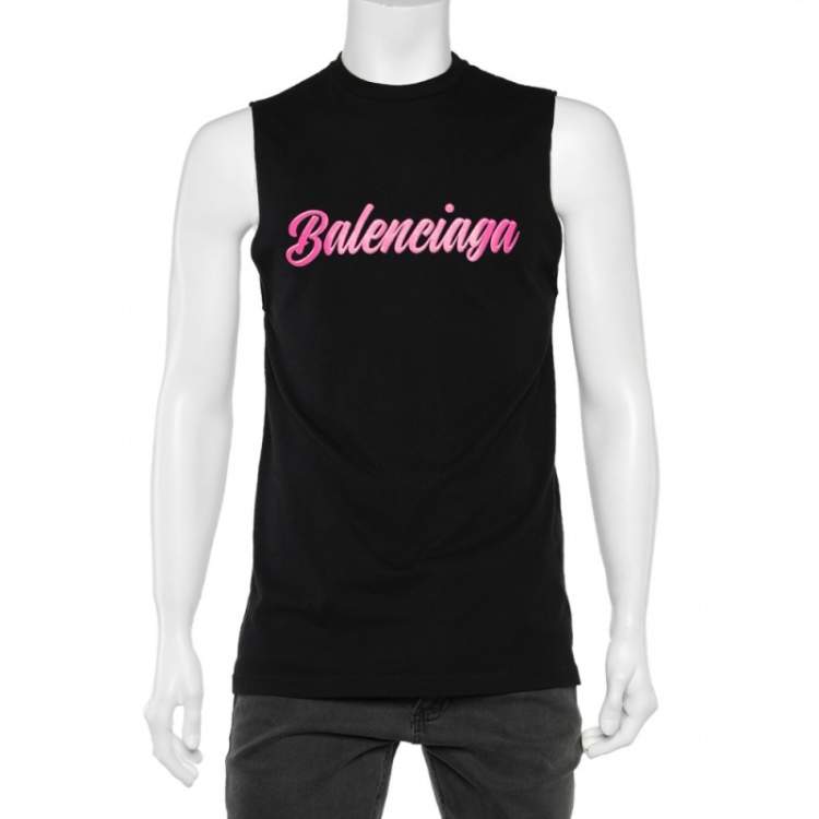 Pre Owned Balenciaga Black Knit Glossy Logo Print Sleeveless T-Shirt XS