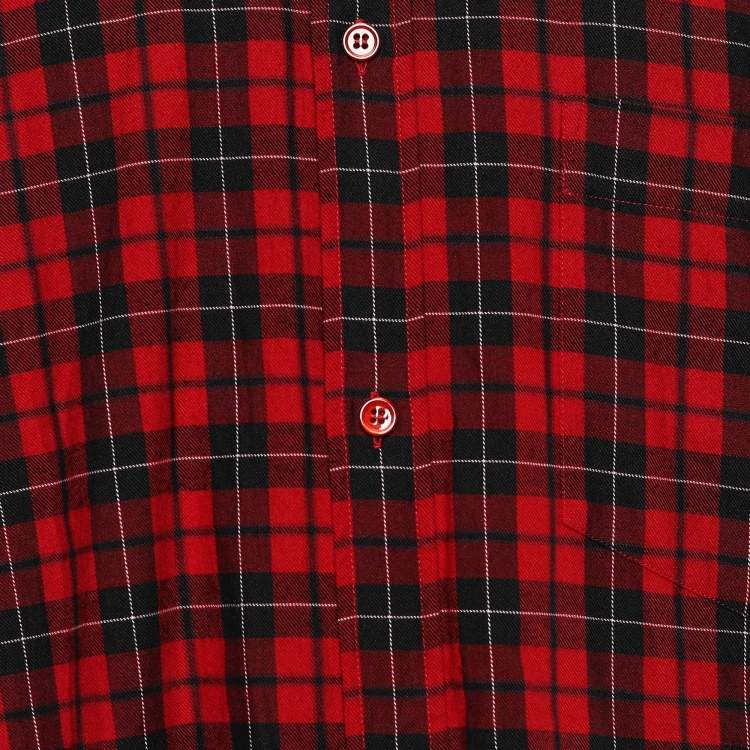 Pre Owned Balenciaga Red Checked Cotton Logo Print Oversized Shirt L