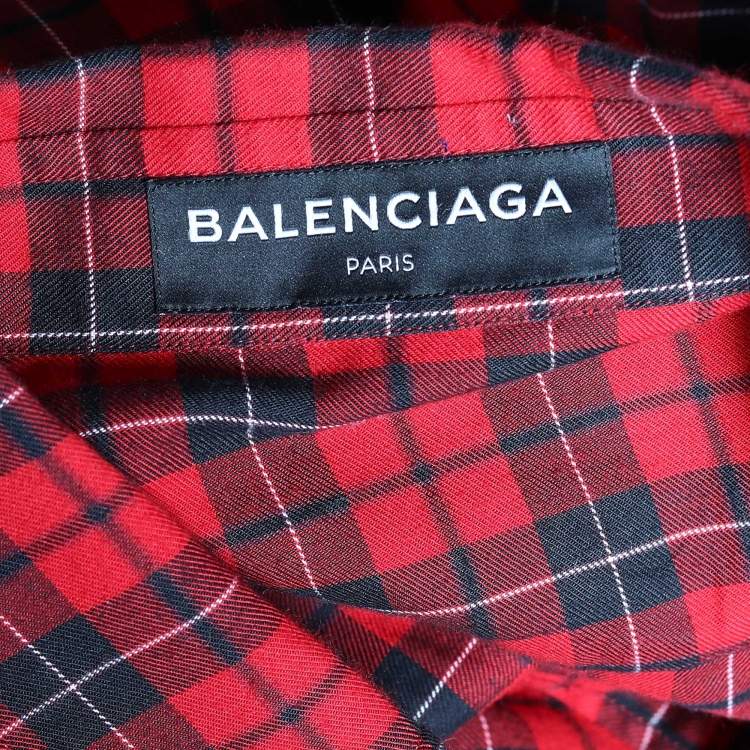 Pre Owned Balenciaga Red Checked Cotton Logo Print Oversized Shirt L