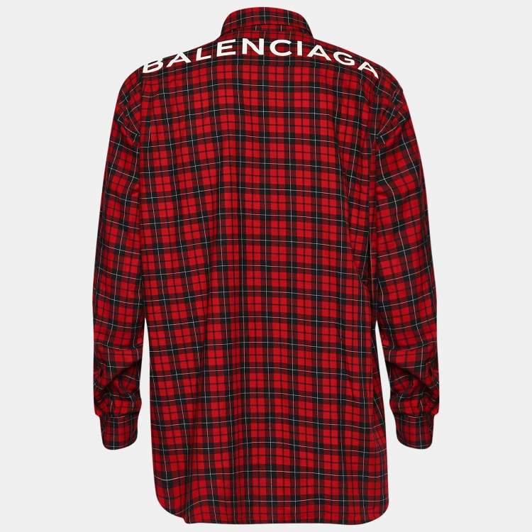 Pre Owned Balenciaga Red Checked Cotton Logo Print Oversized Shirt L