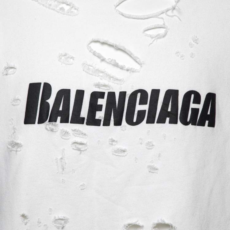 Pre Owned Balenciaga White Logo Distressed Cotton Sweatshirt Hoodie M