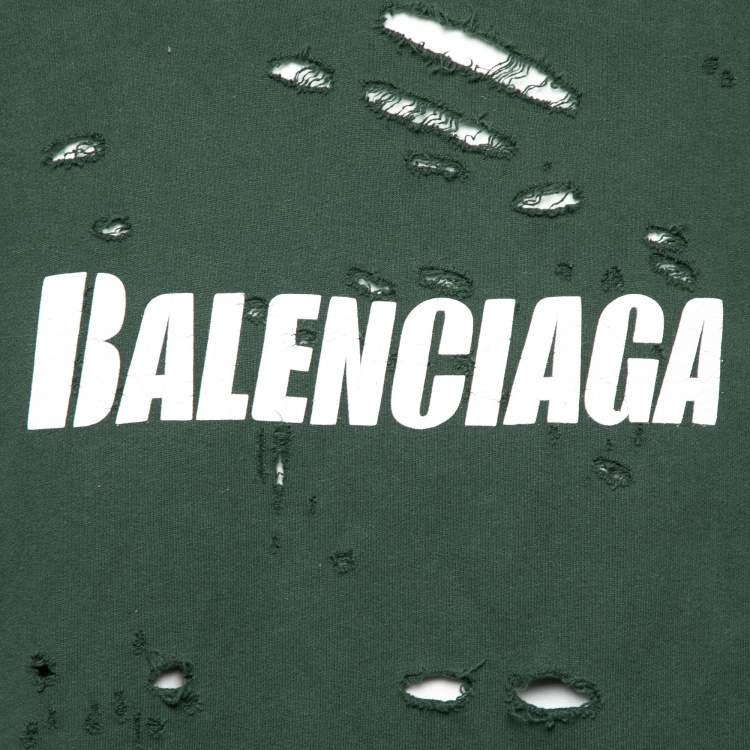 Pre Owned Balenciaga Green Logo Printed Distressed Cotton Oversized Hoodie S