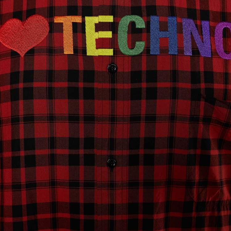 Pre Owned Balenciaga Red Plaid 'I Love Techno' Embroidered Oversized Shirt S