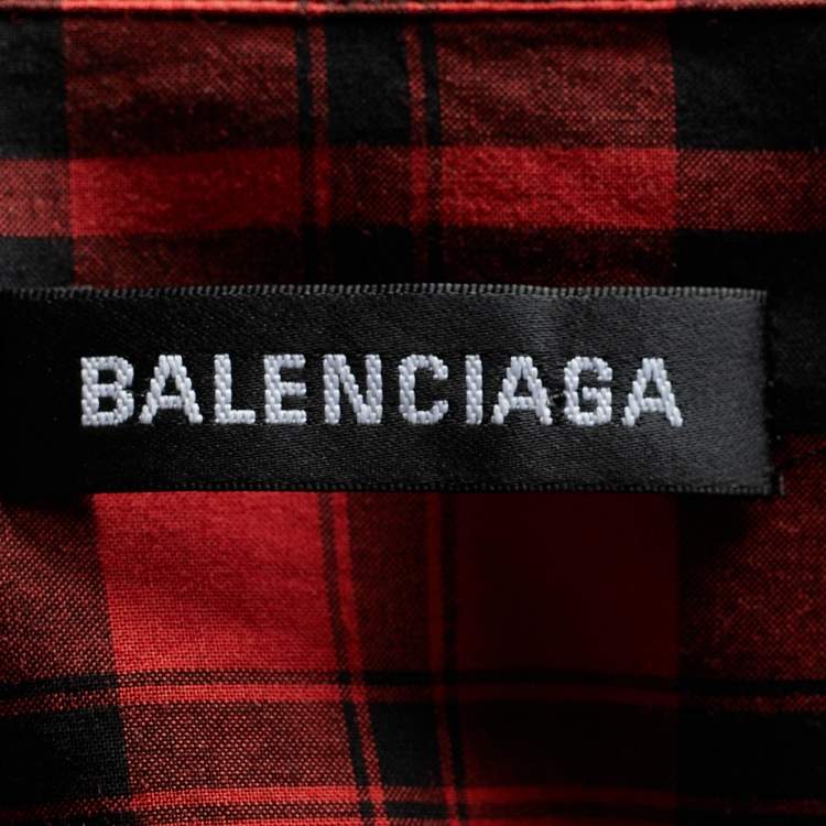 Pre Owned Balenciaga Red Plaid 'I Love Techno' Embroidered Oversized Shirt S