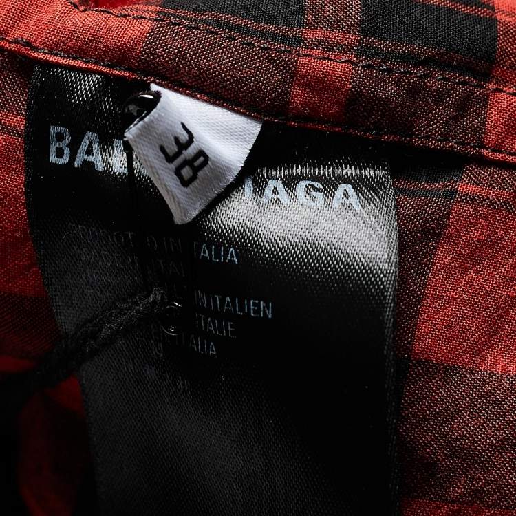 Pre Owned Balenciaga Red Plaid 'I Love Techno' Embroidered Oversized Shirt S