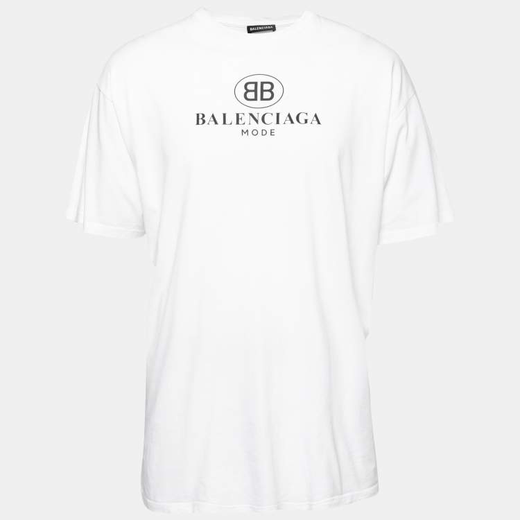 Pre Owned Balenciaga White BB Mode Print Cotton Crew Neck T-Shirt L