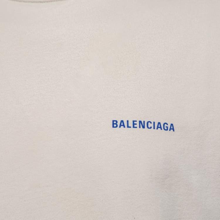 Pre Owned Balenciaga Cream Cotton Logo Printed Crewneck T Shirt M