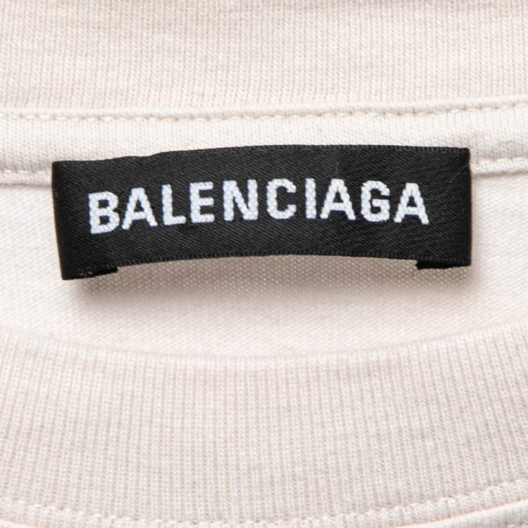 Pre Owned Balenciaga Cream Cotton Logo Printed Crewneck T Shirt M
