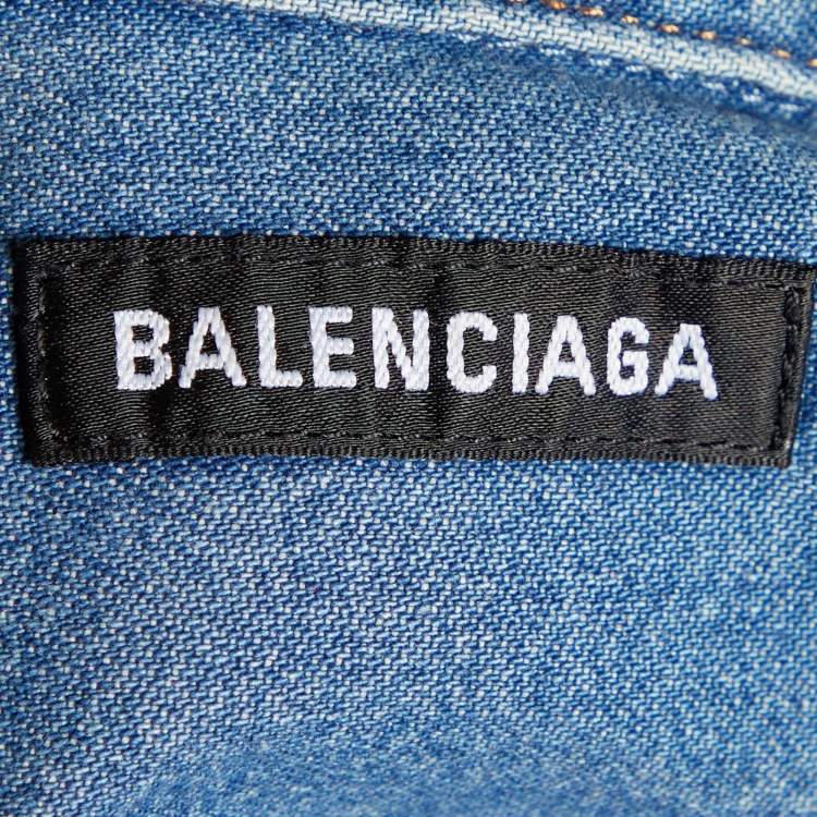 Pre Owned Balenciaga Blue Denim Logo Embroidered Oversized Shirt M