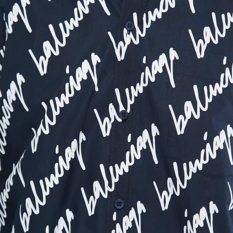 Pre Owned Balenciaga Midnight Blue Cotton All Over Logo Printed Oversized Shirt XS