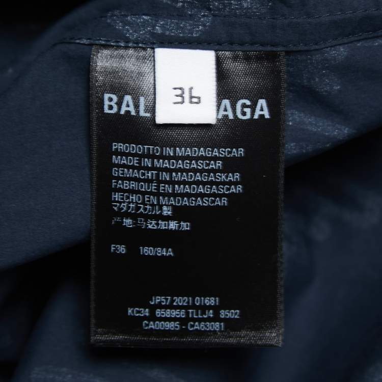 Pre Owned Balenciaga Midnight Blue Cotton All Over Logo Printed Oversized Shirt XS
