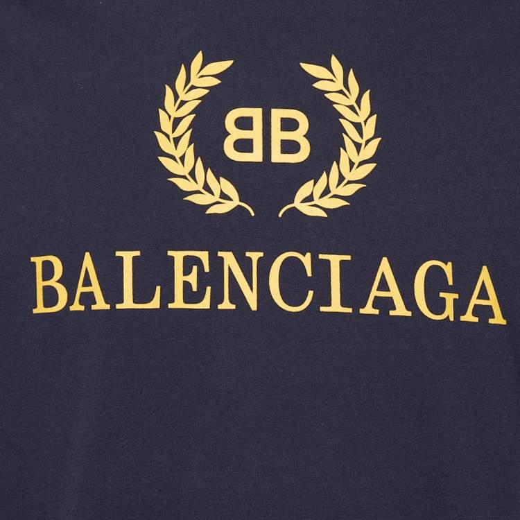 Pre Owned Balenciaga Navy Blue Logo Printed Cotton Knit Oversized T-Shirt S