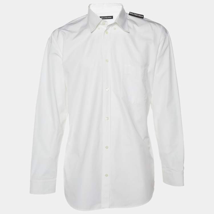 مملوكة مسبقًا Balenciaga White Cotton Logo Detail Oversized Shirt L