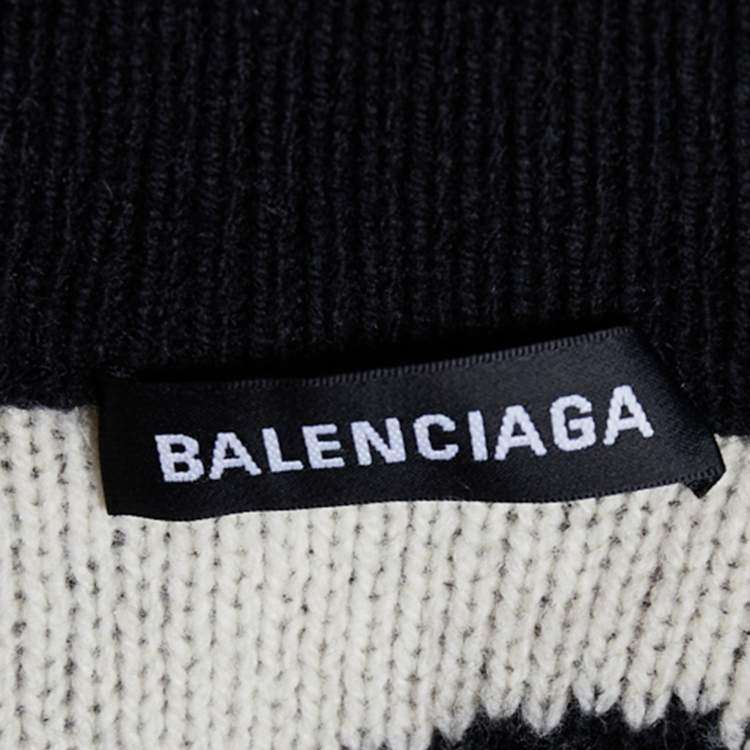 Pre Owned Balenciaga Black Allover Logo Intarsia Knit Zip Detail Turtleneck Sweater M