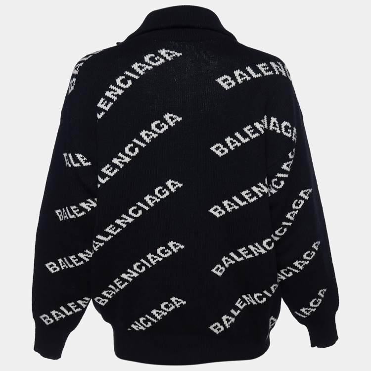 Bliv sur mærke navn slå op Balenciaga Black Allover Logo Intarsia Knit Zip Detail Turtleneck Sweater M  Balenciaga | TLC