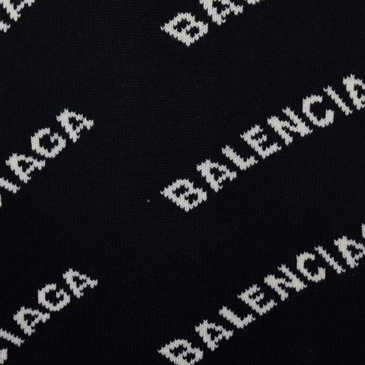 Pre Owned Balenciaga Black Allover Logo Intarsia Knit Zip Detail Turtleneck Sweater M