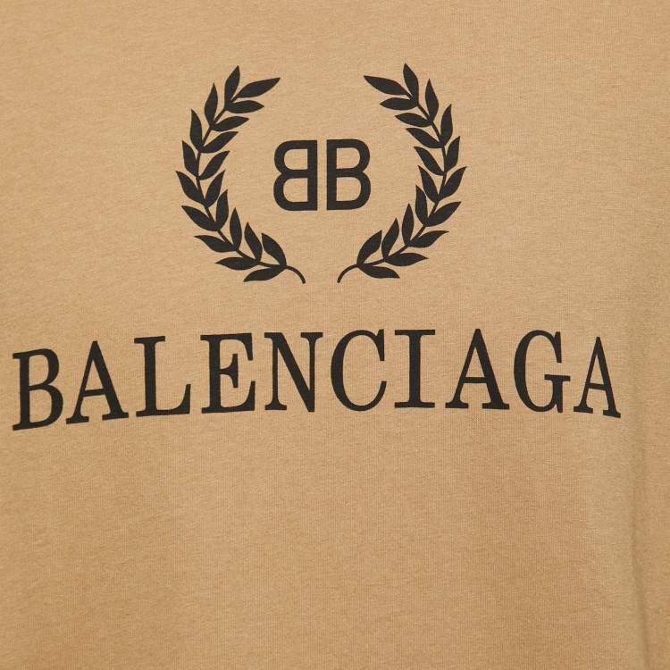Pre Owned Balenciaga Camel Beige Logo Print Cotton Oversized T-Shirt S