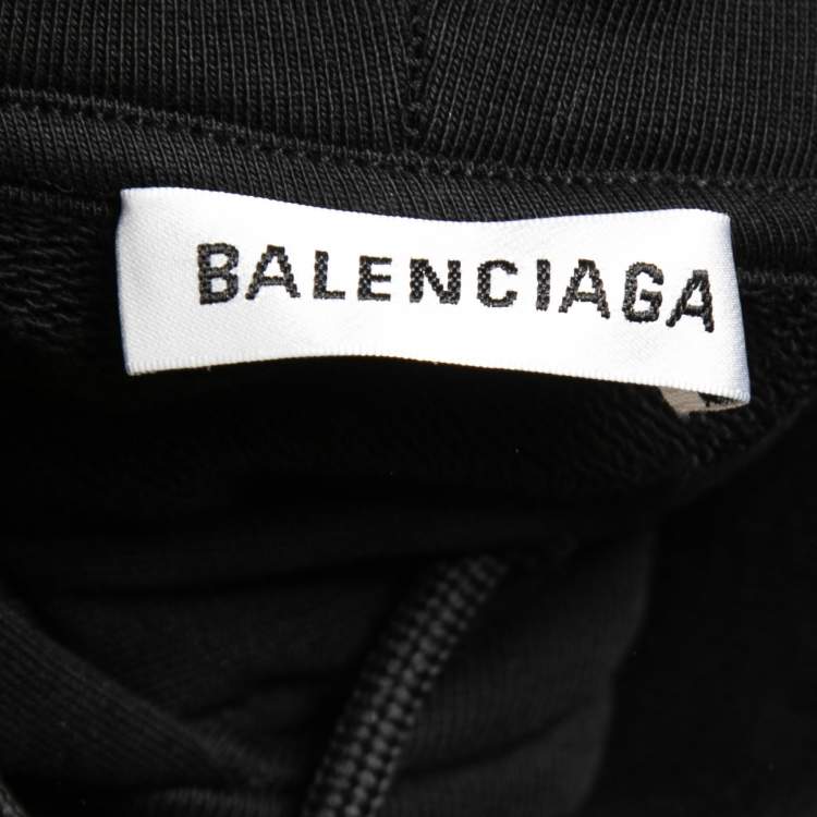 Pre Owned Balenciaga Black Logo Printed Cotton Knit Hoodie XS